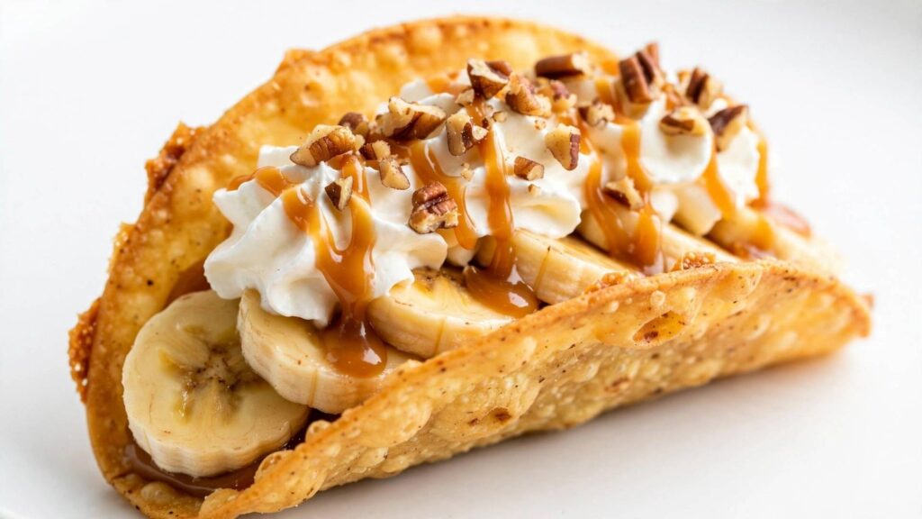 Close-up of a single caramel banana nuts taco