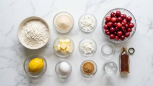 All cherry pie ingredients arranged neatly on a white marble table.