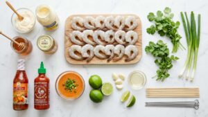 Flat lay of all ingredients for bang bang shrimp skewers including shrimp, sauces, lime, and skewers