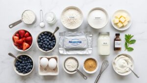 Ingredients for red, white and blueberry cheesecake cupcakes
