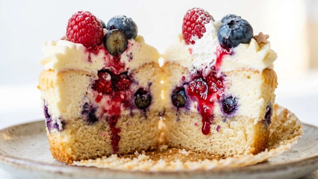 Cheesecake cupcake cross-section with creamy filling