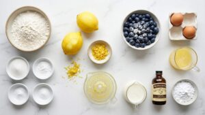 Flat lay of all ingredients for lemon blueberry bread on white marble.