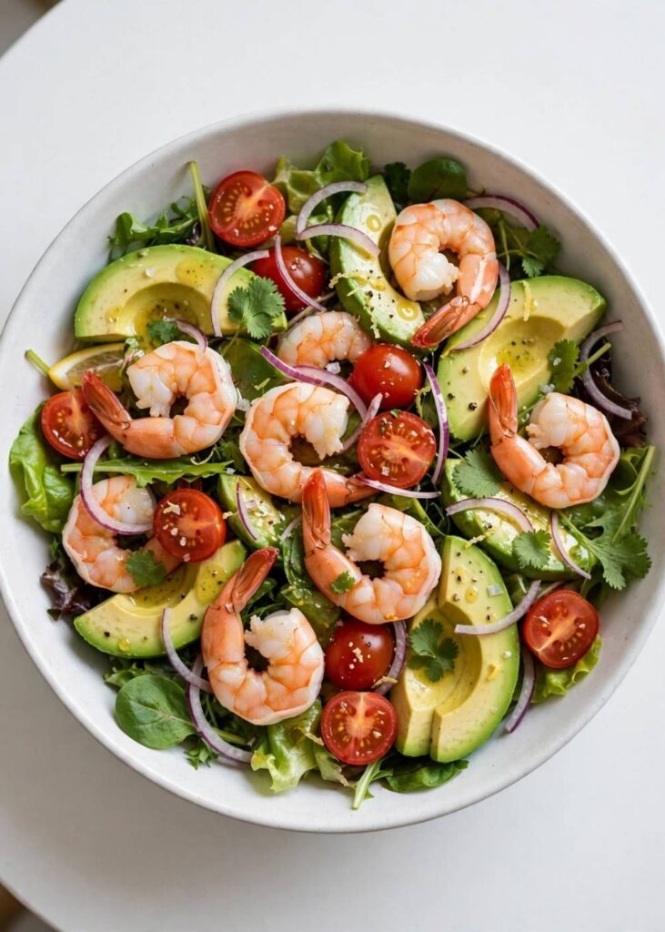 Overhead view of a fresh shrimp and avocado salad with lemon dressing in a white bowl.