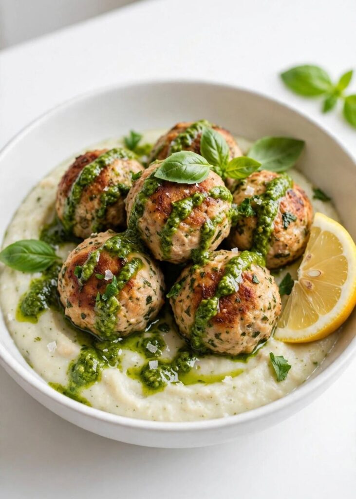 Overhead view of chicken meatballs with pesto white bean puree on a white table