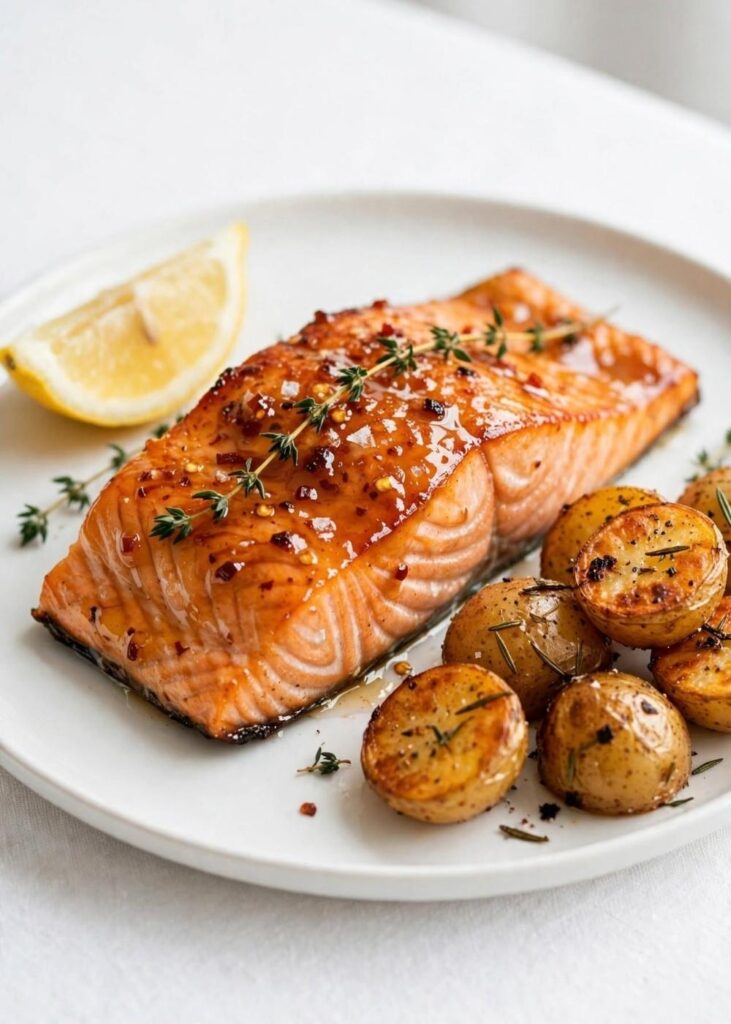 Hot Honey Salmon Plated hot honey salmon with roasted potatoes and lemon
