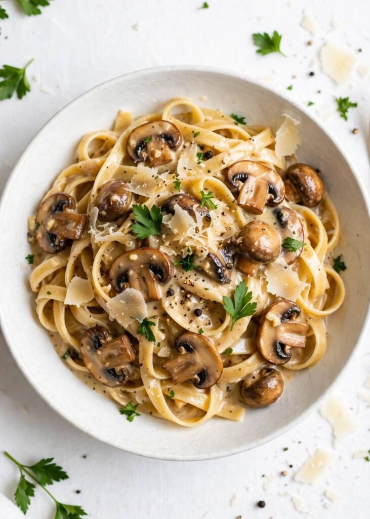 Overhead view of creamy date night mushroom fettuccine with mushrooms, Parmesan, and parsley on a white table.