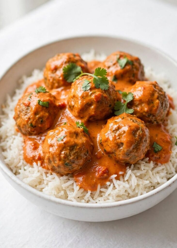 Easy Butter Chicken Meatballs Butter chicken meatballs in creamy tomato sauce photographed at a 45-degree angle.