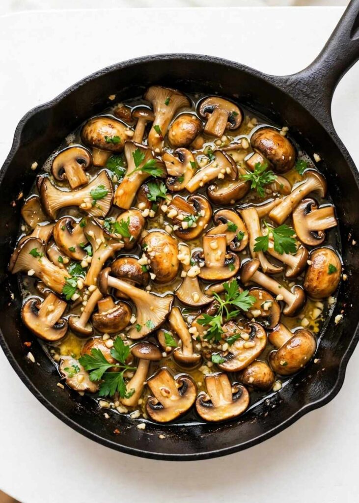 Garlic Butter Mushrooms garlic butter mushrooms in a skillet with parsley and glossy butter sauce.