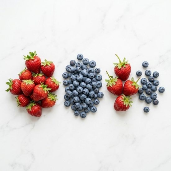 Fresh strawberries and blueberries on marble surface