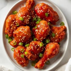 Crispy Gochujang Chicken on a white ceramic plate with glossy red glaze, sesame seeds, green onions, and a small bowl of sauce on a white table.
