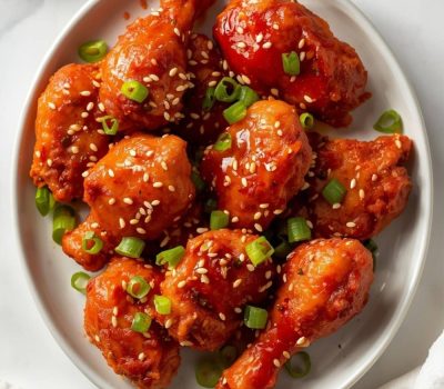 Crispy Gochujang Chicken on a white ceramic plate with glossy red glaze, sesame seeds, green onions, and a small bowl of sauce on a white table.