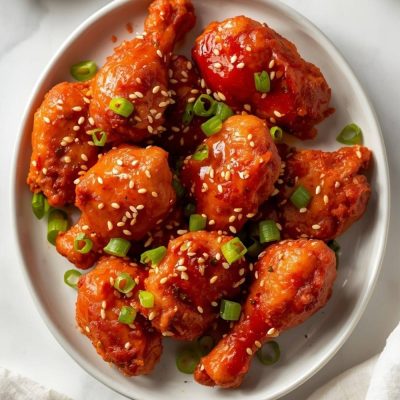 Crispy Gochujang Chicken on a white ceramic plate with glossy red glaze, sesame seeds, green onions, and a small bowl of sauce on a white table.