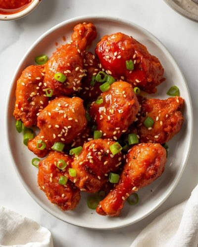 Crispy Gochujang Chicken on a white ceramic plate with glossy red glaze, sesame seeds, green onions, and a small bowl of sauce on a white table.