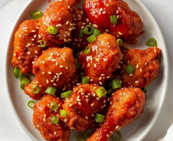 Crispy Gochujang Chicken on a white ceramic plate with glossy red glaze, sesame seeds, green onions, and a small bowl of sauce on a white table.