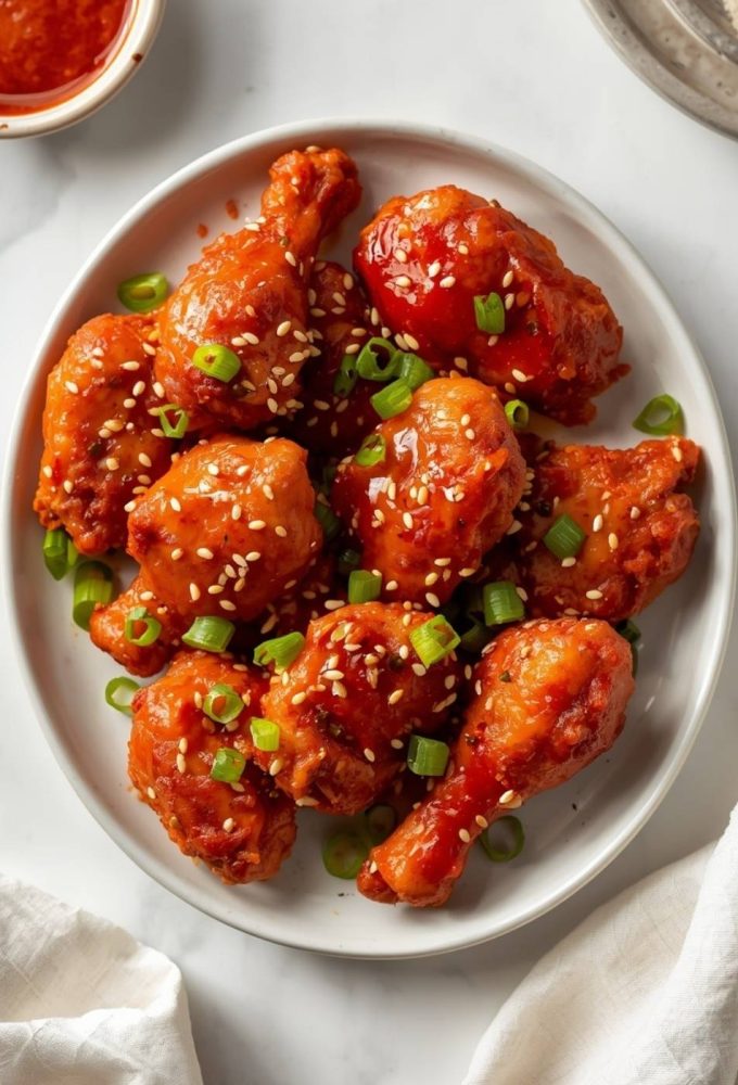 Crispy Gochujang Chicken on a white ceramic plate with glossy red glaze, sesame seeds, green onions, and a small bowl of sauce on a white table.