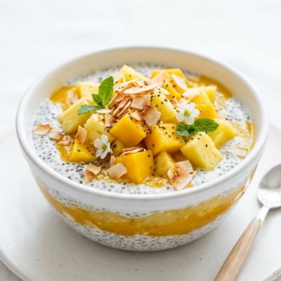 Tropical chia pudding breakfast bowl with mango, pineapple, and coconut