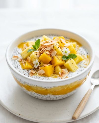 Tropical chia pudding breakfast bowl with mango, pineapple, and coconut