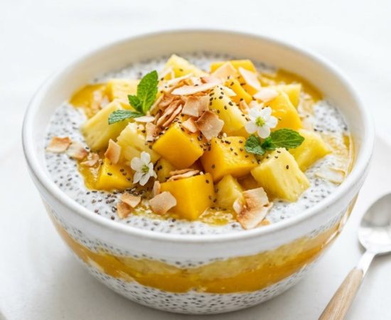 Tropical chia pudding breakfast bowl with mango, pineapple, and coconut