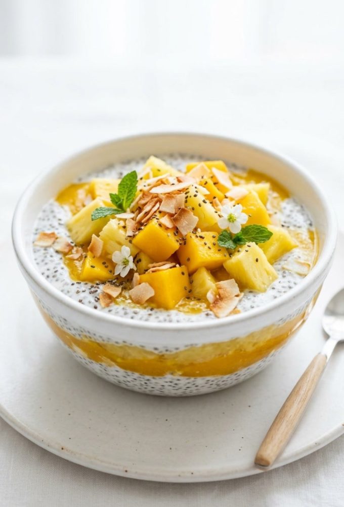Tropical chia pudding breakfast bowl with mango, pineapple, and coconut