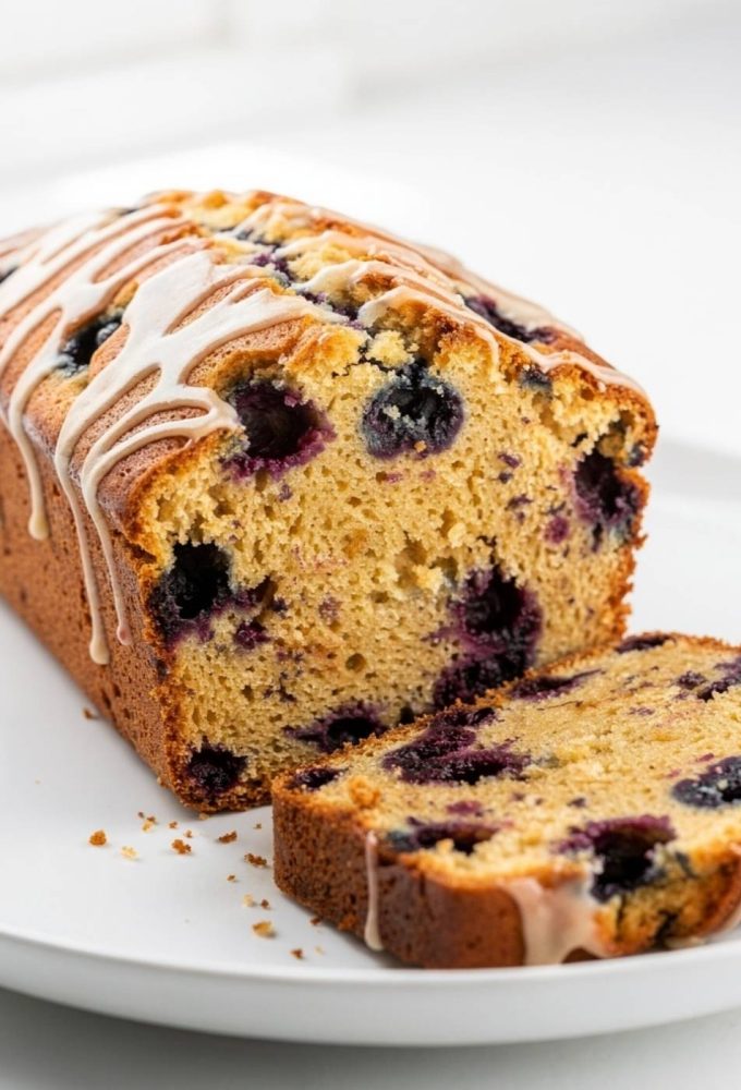 Sliced lemon blueberry bread arranged in an overhead flat lay on a white plate.