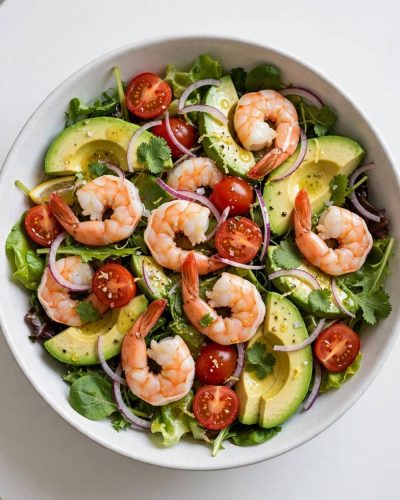 Overhead view of a fresh shrimp and avocado salad with lemon dressing in a white bowl.