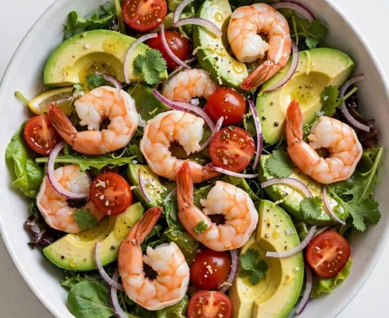 Overhead view of a fresh shrimp and avocado salad with lemon dressing in a white bowl.
