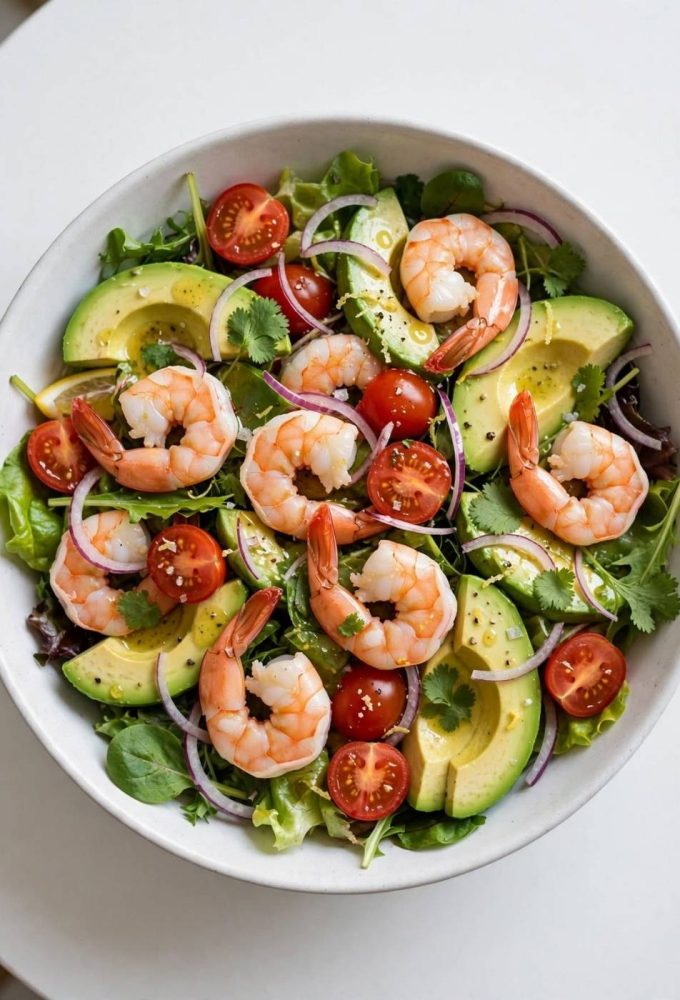Overhead view of a fresh shrimp and avocado salad with lemon dressing in a white bowl.