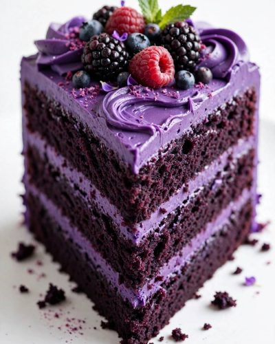 Purple velvet cake recipe with glossy frosting and berry topping