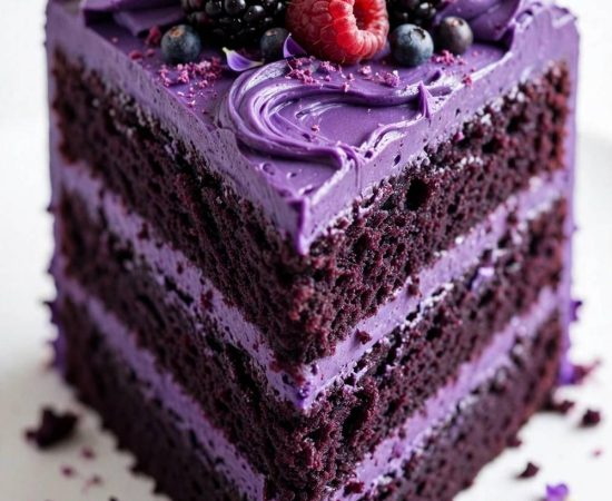 Purple velvet cake recipe with glossy frosting and berry topping