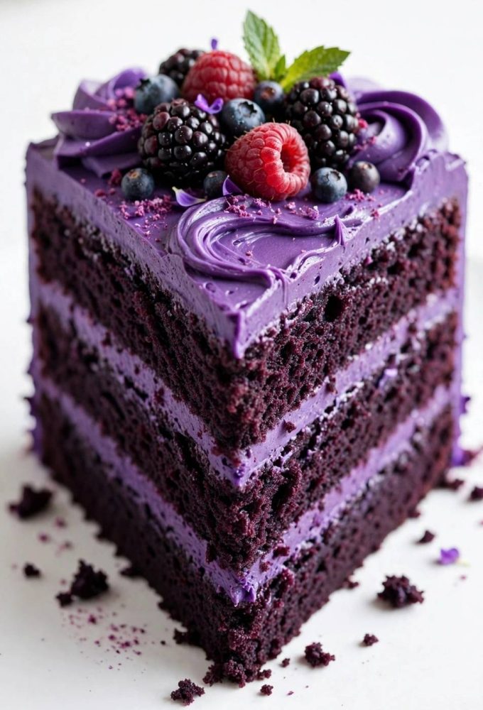 Purple velvet cake recipe with glossy frosting and berry topping
