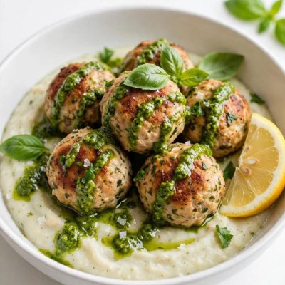 Overhead view of chicken meatballs with pesto white bean puree on a white table