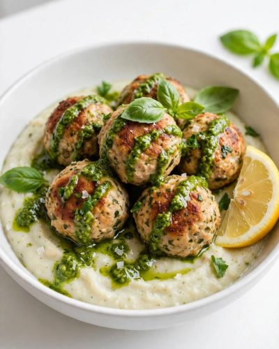 Overhead view of chicken meatballs with pesto white bean puree on a white table