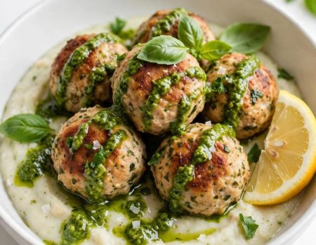 Overhead view of chicken meatballs with pesto white bean puree on a white table