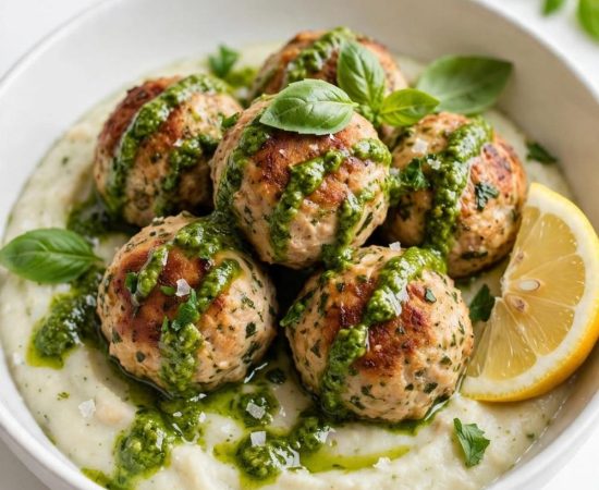 Overhead view of chicken meatballs with pesto white bean puree on a white table