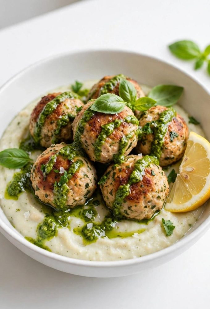 Overhead view of chicken meatballs with pesto white bean puree on a white table