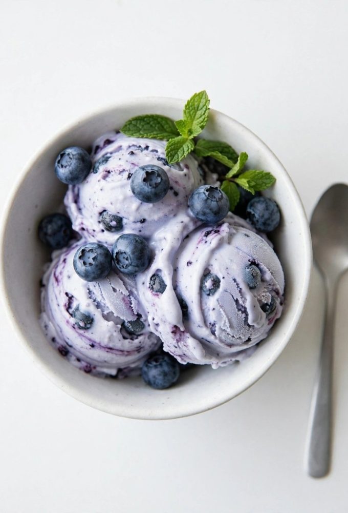 Overhead shot of blueberry frozen yogurt in a white bowl with fresh berries.