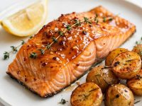 Plated hot honey salmon with roasted potatoes and lemon