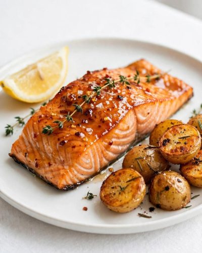 Plated hot honey salmon with roasted potatoes and lemon