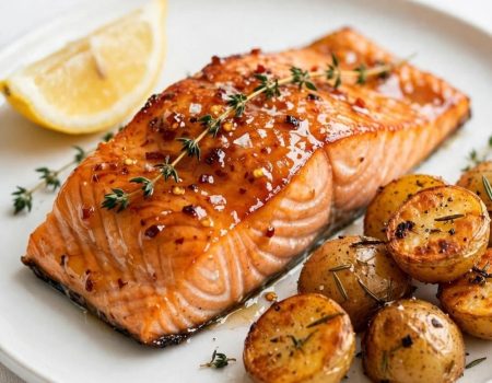 Plated hot honey salmon with roasted potatoes and lemon