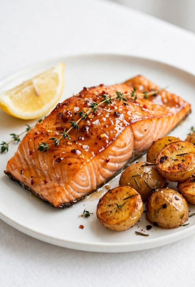 Plated hot honey salmon with roasted potatoes and lemon