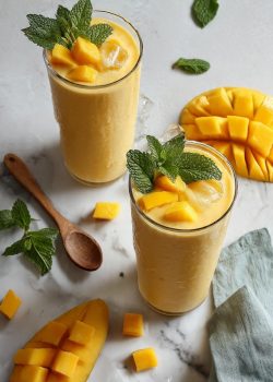 Two tall glasses of tropical fruit smoothie with milk garnished with fresh mango and mint on white marble — best 5-minute blender recipe