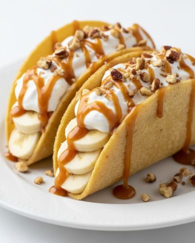 Overhead view of caramel banana nuts tacos with whipped cream and nuts