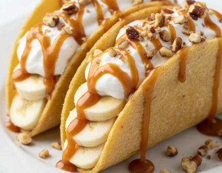 Overhead view of caramel banana nuts tacos with whipped cream and nuts