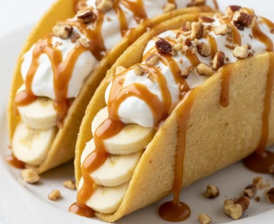 Overhead view of caramel banana nuts tacos with whipped cream and nuts