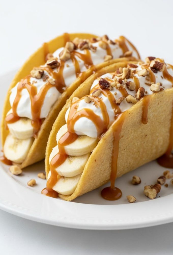 Overhead view of caramel banana nuts tacos with whipped cream and nuts