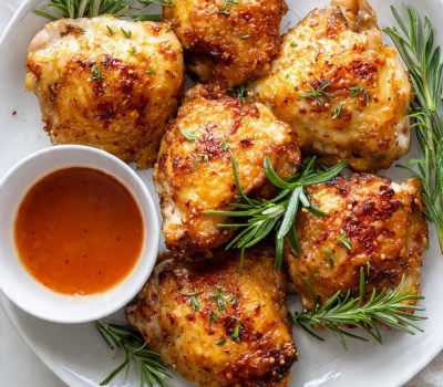 Crispy golden air fryer chicken thighs with smoky spice crust on a white plate