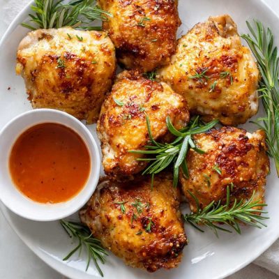 Crispy golden air fryer chicken thighs with smoky spice crust on a white plate