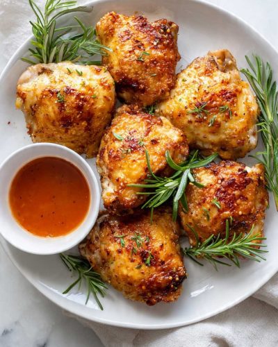 Crispy golden air fryer chicken thighs with smoky spice crust on a white plate