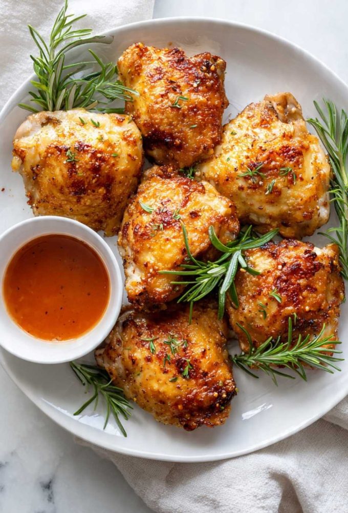 Crispy golden air fryer chicken thighs with smoky spice crust on a white plate