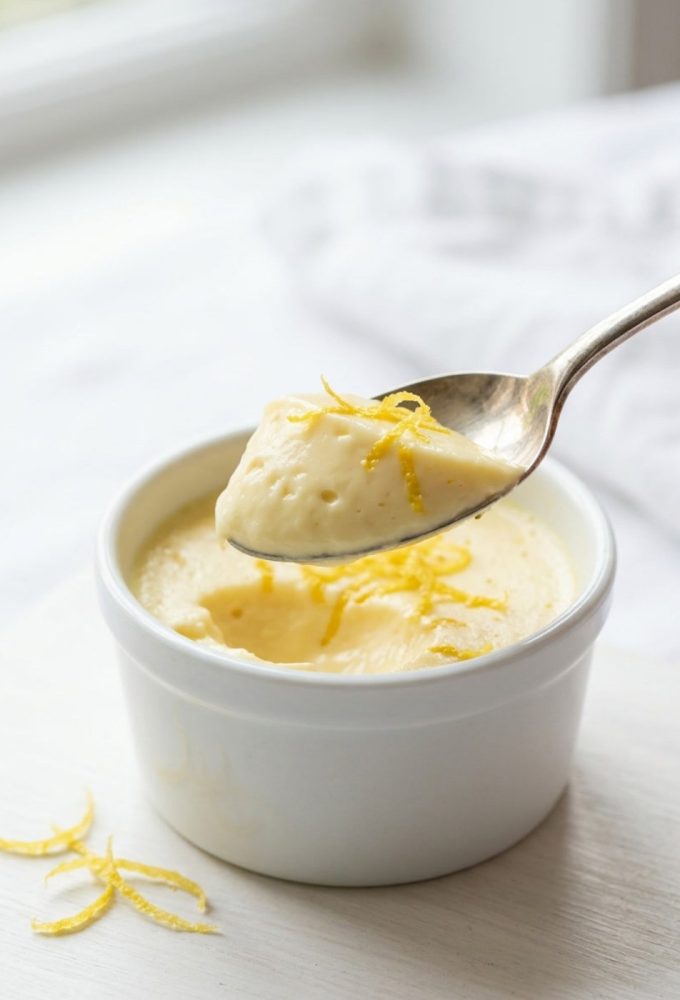Overhead shot of lemon posset in glass ramekins on a white table.